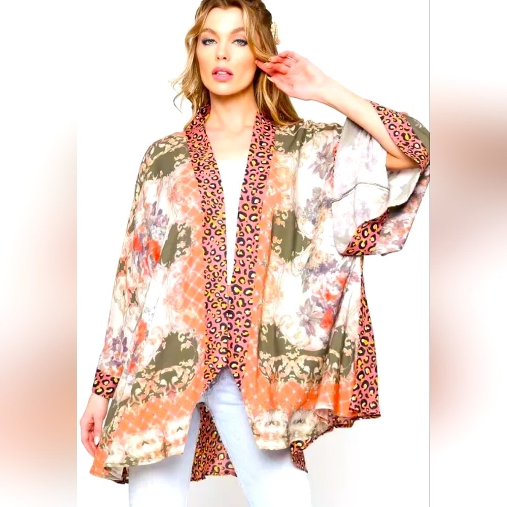 Aratta Boho Floral Leopard Print Kimono Swim Cover Up S/M Festival Beach‎ Duster